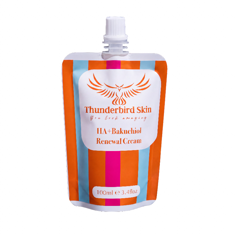 A 100ml refill pouch of Thunderbird Skin HA+Bakuchiol Renewal Cream, featuring a white cap and a label with orange text and a stylized bird logo, set against a plain white background.