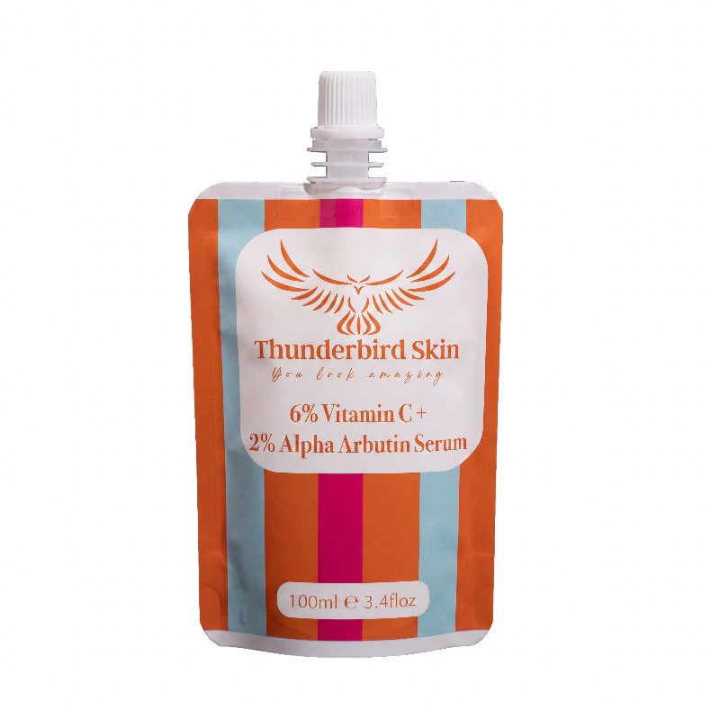 A 100ml refill pouch of Thunderbird Skin serum with a white cap, featuring orange and light blue vertical stripes with a central white label.