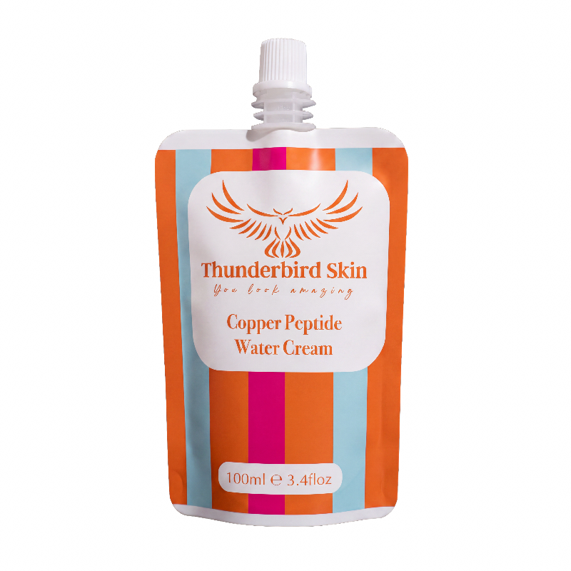 A 100ml refill pouch of Thunderbird Skin Copper Peptide Water Cream, featuring a white cap and a label with orange, white, and light blue vertical stripes.